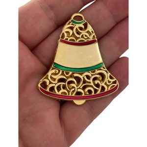 Christmas Bell Gold Toned 2" Holiday Pin Brooch Estate